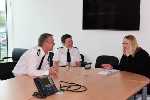 Chief Constable of Northumbria Police Winton Keenan and Chief Superintendent Sarah Pitt, being interviewed by Fiona Thompson, during their visit to the Sunderland Echo offices at Rainton Bridge this morning.