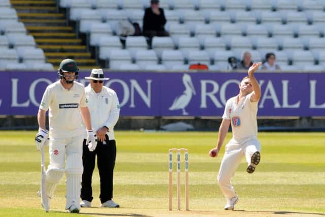 Nathan Rimmington bowls against Leicestershire yesterday. Picture by Stu Norton