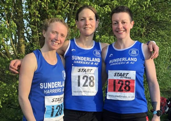 Sunderland Harriers' Over-35s women's team (left to right): Nikki Woodward, Alice Smith and Vicky Haswell