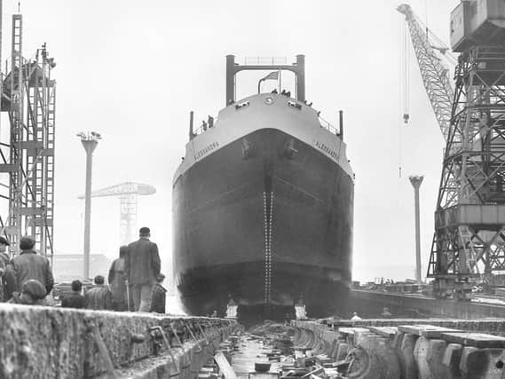 The launch of the Alessandra at Austin and Pickersgill in Southwick in April 1967.
The 24,000 ton bulk carrier was named by sisters Virginia and Alessandra Mavroleon, daughters of Nicholas Mavroleon, managing director of Mavroleon Brothers, agents for the shipowners, General Freighters Ltd.