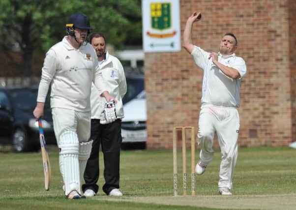 Boldon bowler Phil Shakespeare in his delivery stride against Washington on Saturday. Picture by Tim Richardson