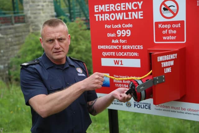 Dave Irwin, whose son Ross drowned in the River Wear at Fatfield in December 2016, launches a new piece of lifesaving equipment named in his memory. Picture by Tom Banks