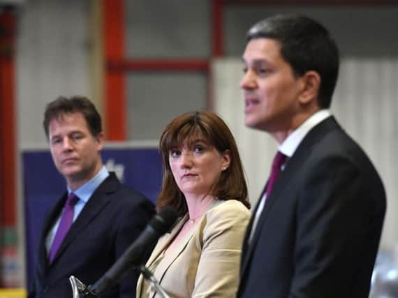 From left, Sir Nick Clegg, Nicky Morgan and David Miliband at a cross-party intervention Brexit negotiation at Tilda Rice Mill in Rainham, Essex. Pic: Stefan Rousseau/PA Wire.