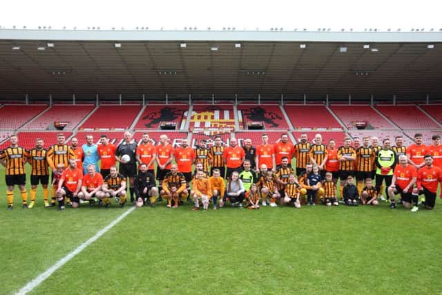 The Seaham and Hull teams ahead of the game at the Stadium of Light. Picture: Steve Brock.