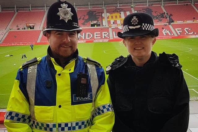 Pc Paul Oley and Assistant Chief Constable Rachel Bacon at the Stadium of Light.