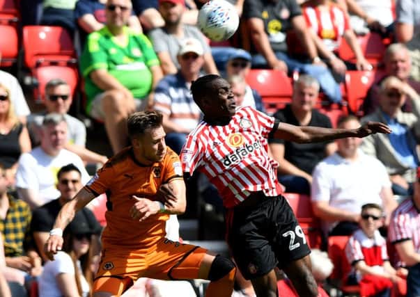 Sunderland's Joel Asoro battles against Wolves in  the 3-0 final-day victory. Picture by Frank Reid