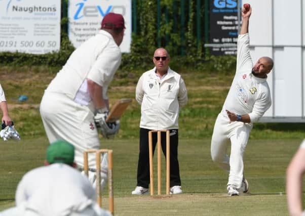 Easington's Omar Shahid bowls to Seaham Park opener Adran Hedley last weekend. Picture by Kevin Brady.