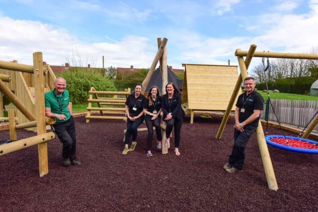 Staff at The Ribbon School, Barnes Road, Murton in their nearly completed new play area. Pictured l-r are Mark Dudley caretaker, Lisa Walton Acting Head Teacher Early Years, Rebecca Gent Deputy Head Teacher Early Years, Michelle Ord (Admin/Mum) and John Murray site manager.