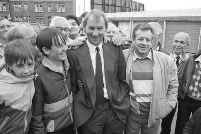 Fans greet Sunderland's new boss Denis Smith outside Roker Park in 1987.