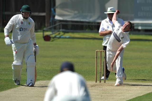 Whitburn bowler Kieron Waterson on his way to an impressive haul of four wickets at Hetton Lyons. Picture by Tim Richardson.