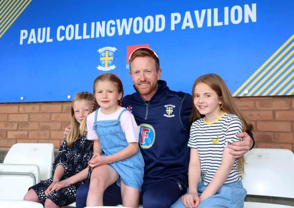 Paul Collingwood with his children at the Paul Collingwood Pavilion unveiling at the Emirates Riverside.  Picture by Tom Banks