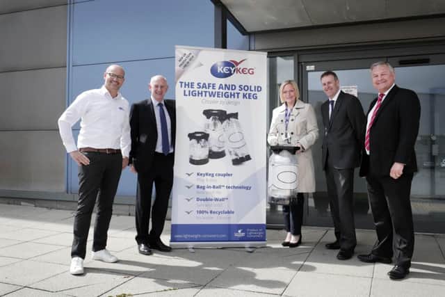 From left, Lightweight Containers Operations Director Ruud Bais, Keith Atkinson of Metnor, Councillor Leanne Kennedy, Business Durham's Peter Rippingale and Russell Taylor of HTA Real Estate at the Lightweight Containers new premises on the Foxcover Industrial Estate in Seaham, County Durham. Photograph by Stuart Boulton.