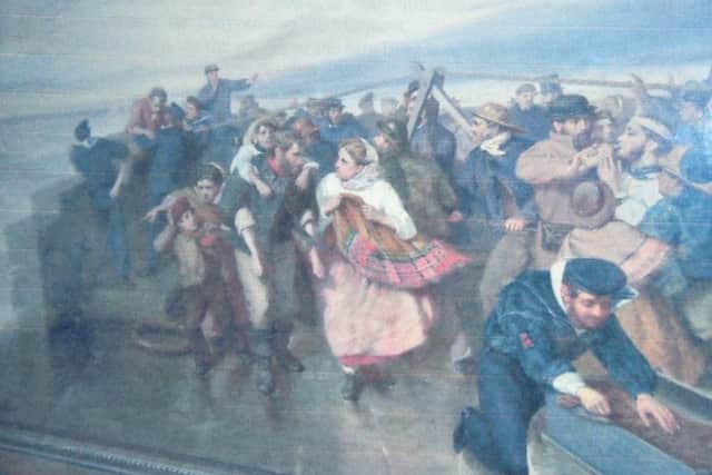 A painting showing Joseph Hodgson carrying one of the many people he saved from the waves.