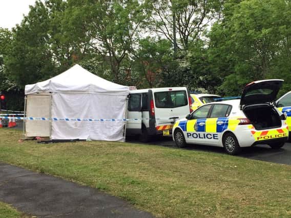 A white forensic tent at the scene of a police shooting in Bishop Auckland, County Durham. Pic: PA.